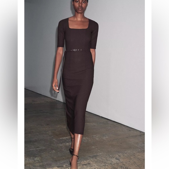 Zara NWT Sleek Chocolate Brown Midi Dress - Picture 5 of 10